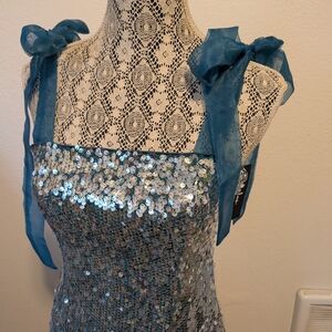 Lulu's Teal Sequin Party Dress with Tie Straps
